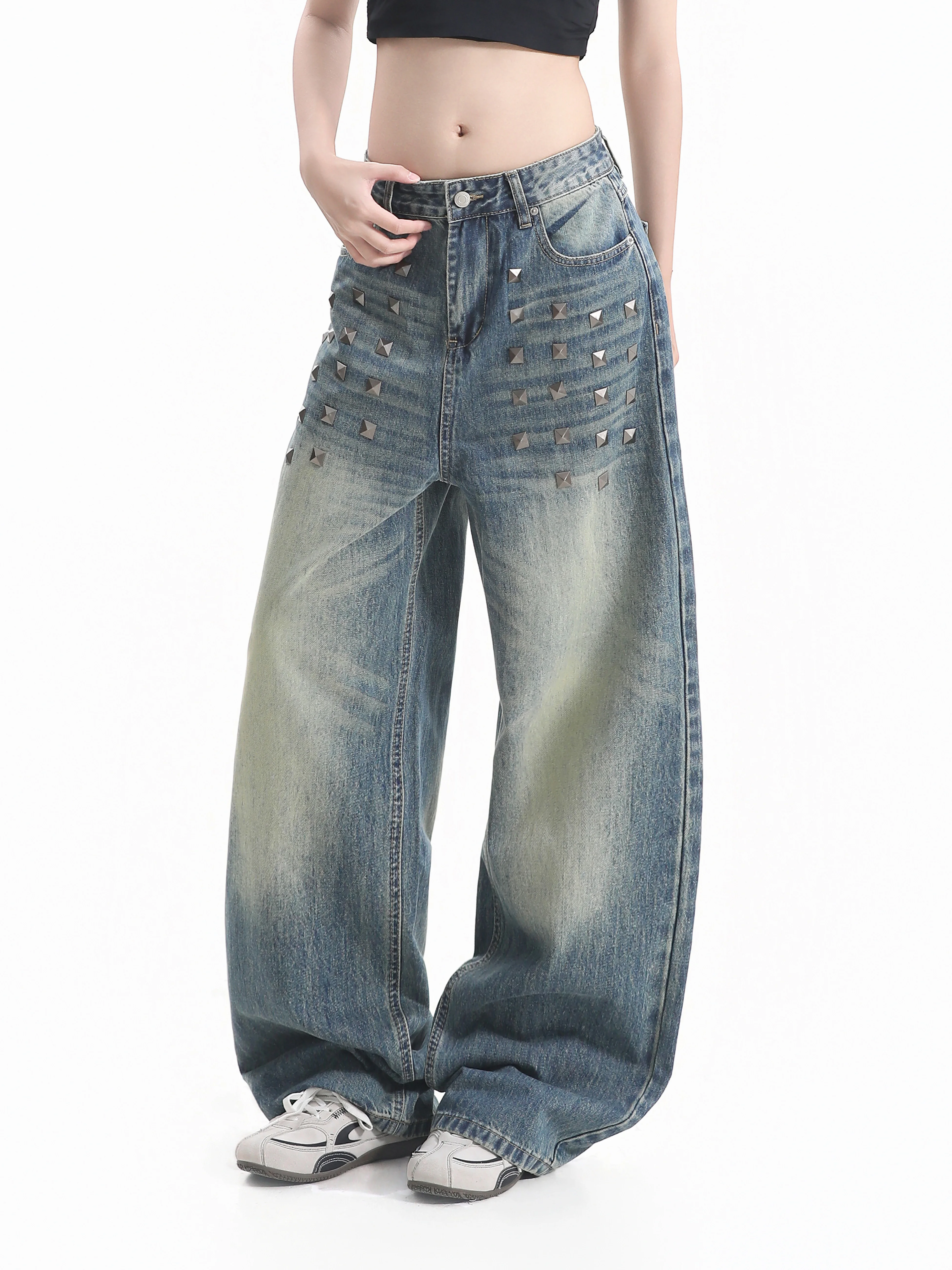 Small Ball American Heavy Duty Rivet Washed Straight Leg Jeans Women High Street Loose Wide Leg Denim Neutral Floor Length Pants