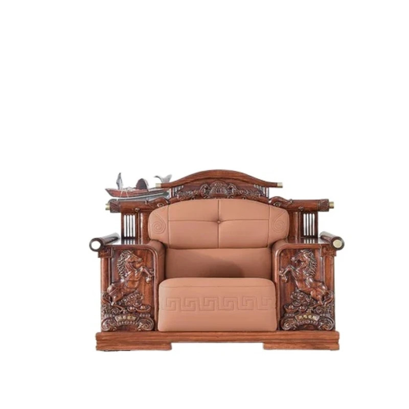 

1Ugyen Wood New Chinese Furniture Win Instant Success Wood Carved Leather Sofa and Tea Table TV Cabinet
