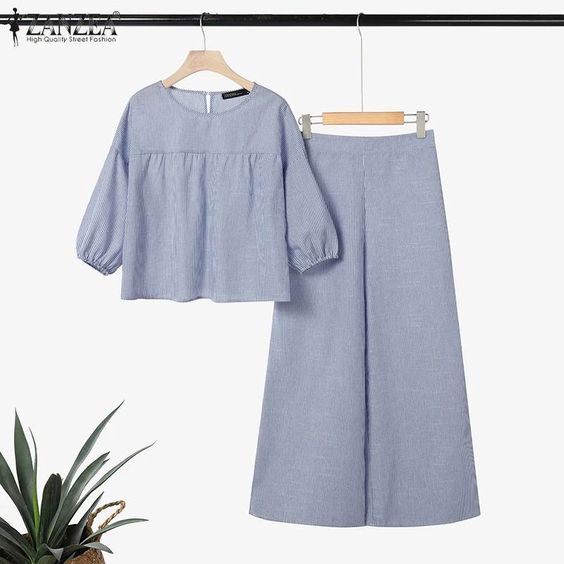 2026 ZANZEA Autumn Spring Outfits Women Pants Sets Striped Tracksuit 2 Piece Sets 3/4 Puff Sleeve Blouse Wide Leg Trousers Suit