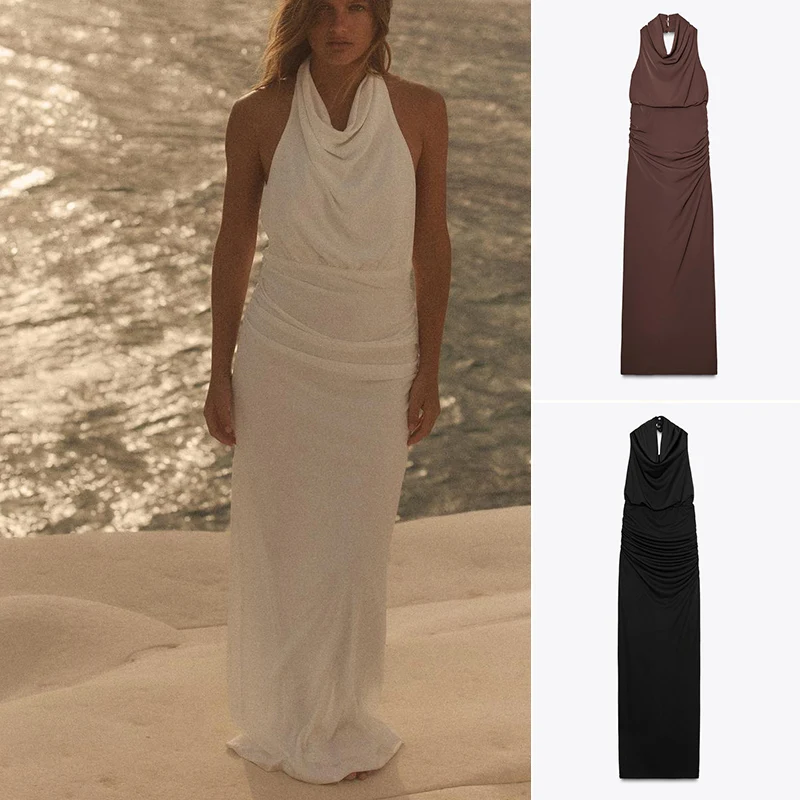 صيف جديد Sle المرأة Ele Bal Dr مع طيات معلقة Ne طوق Svel ثوب طويل ارتفاع الخصر تخفيف