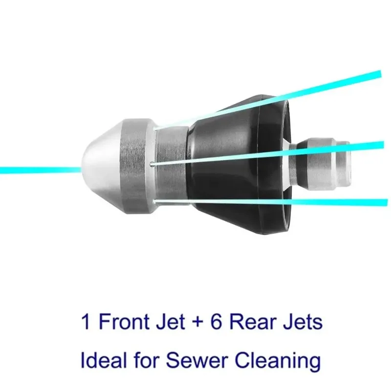 Powerful Pressure Pipe Dredging Sewer Cleaner Drain Washer Nozzle 1Forward 6Rear Jets 1/4inch Quick Connect Thread Nozzle
