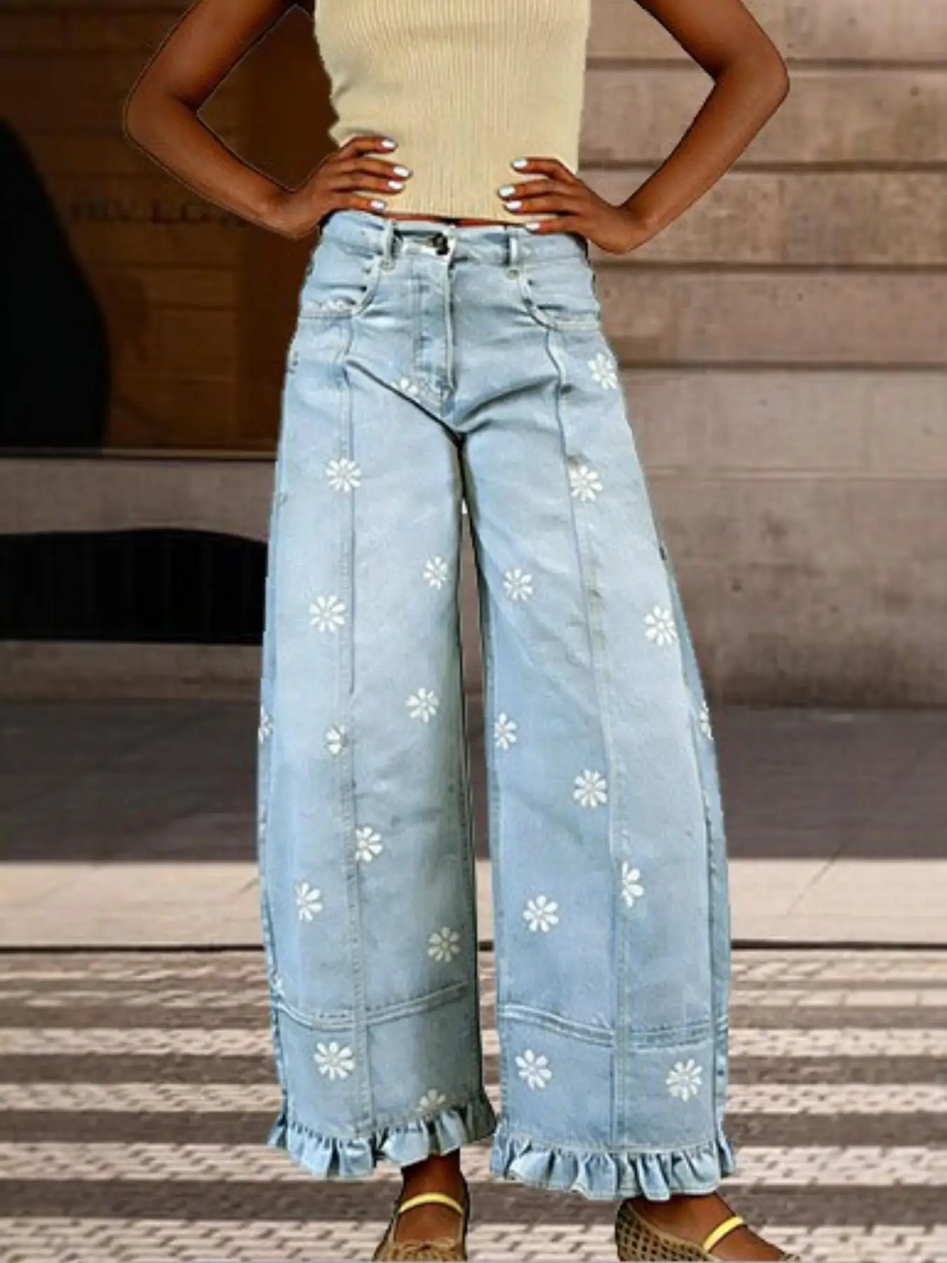 Vintage Jeans mit Gänseblümchenmuster für Damen, hohe Taille, floraler Saum, locker geschnittene, abgenutzte, lässige lange Hose, Retro-Unifarben-Design. – Detail 7