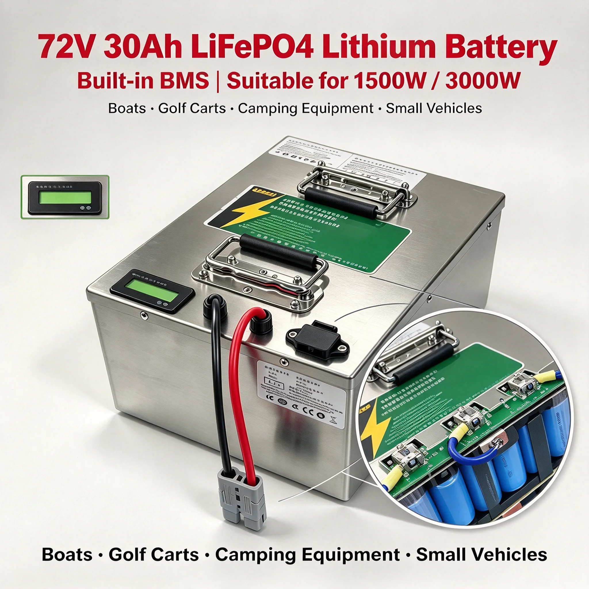 72v 30ah lifepo4 lithium battery BMS suitable for 1500w 3000w boats, golf carts, camping equipment and small vehicles