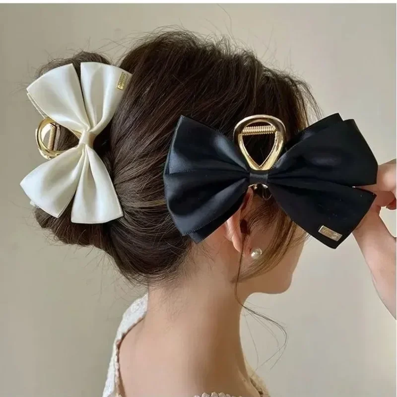 Elegant Silk Satin Clamp Balck Stain Bowknot Hair Claw Korean Fashion Barrette Large Bows Ponytail Headdress Hair Accessories