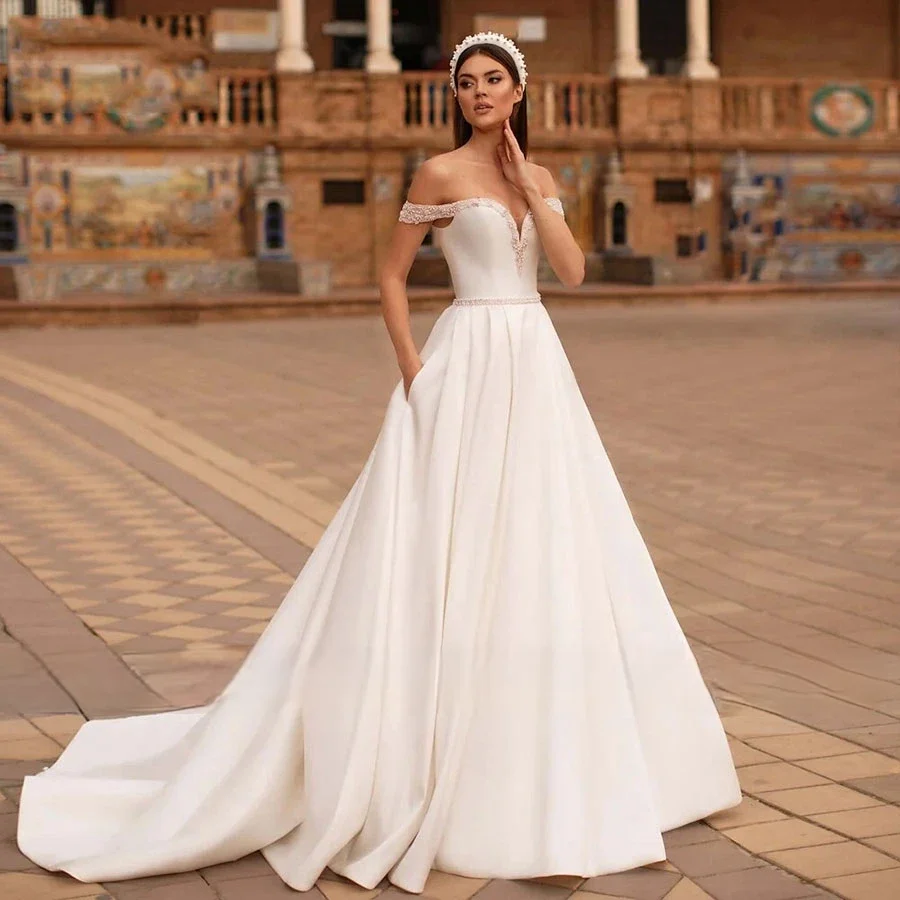 

Customized Sexy Backless Satin Wedding Dress, Off the Shoulder Elegant Sweetheart Collar Bridal Dress