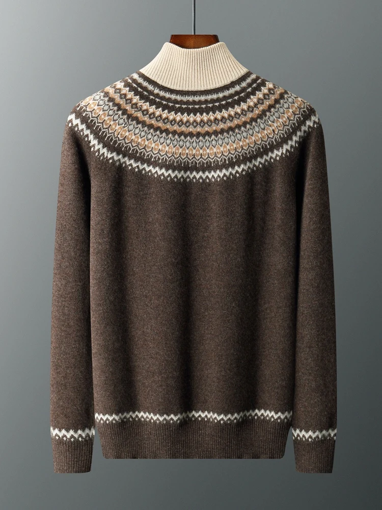 American Retro Autumn Winter Sweater Men's Clothing 100% Merino Wool Pullover Sweater Half Zip Trend Thicked Knitted Inside Join