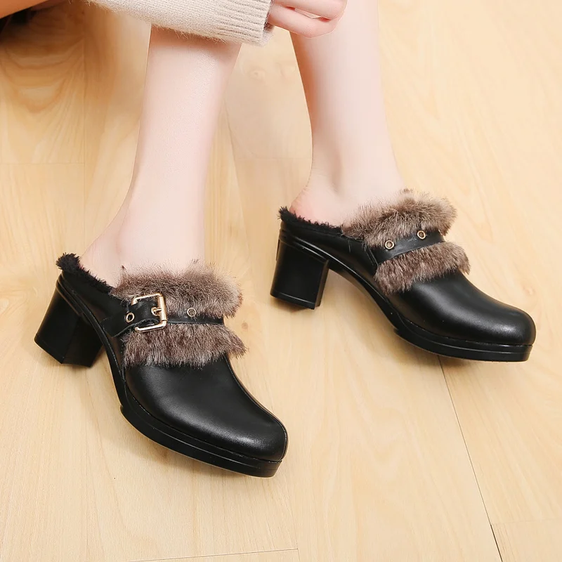 High Heel Cotton Slippers Female Winter Black Casual Cowhide Shoes Fashion Genuine Leather Slippers Women Luxury Indoors Mall