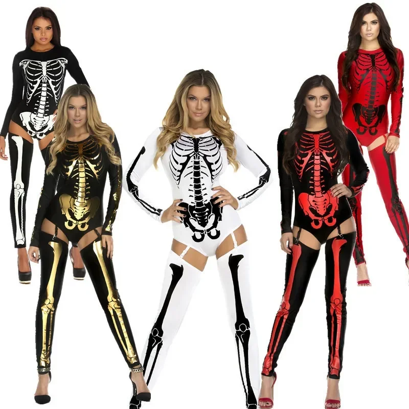 Adult Halloween Party Costume Scary Devil Ghost Cosplay Women Skull Skeleton Prints Leotard Catsuit Costume MS1795