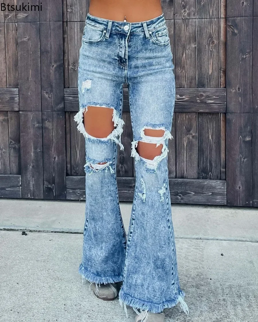 

2024 Women's Distressed Tassel Jeans Wide Legs Trousers Ripped Holes Pants Female High Waist Baggy Jeans Woman Denim Joggers