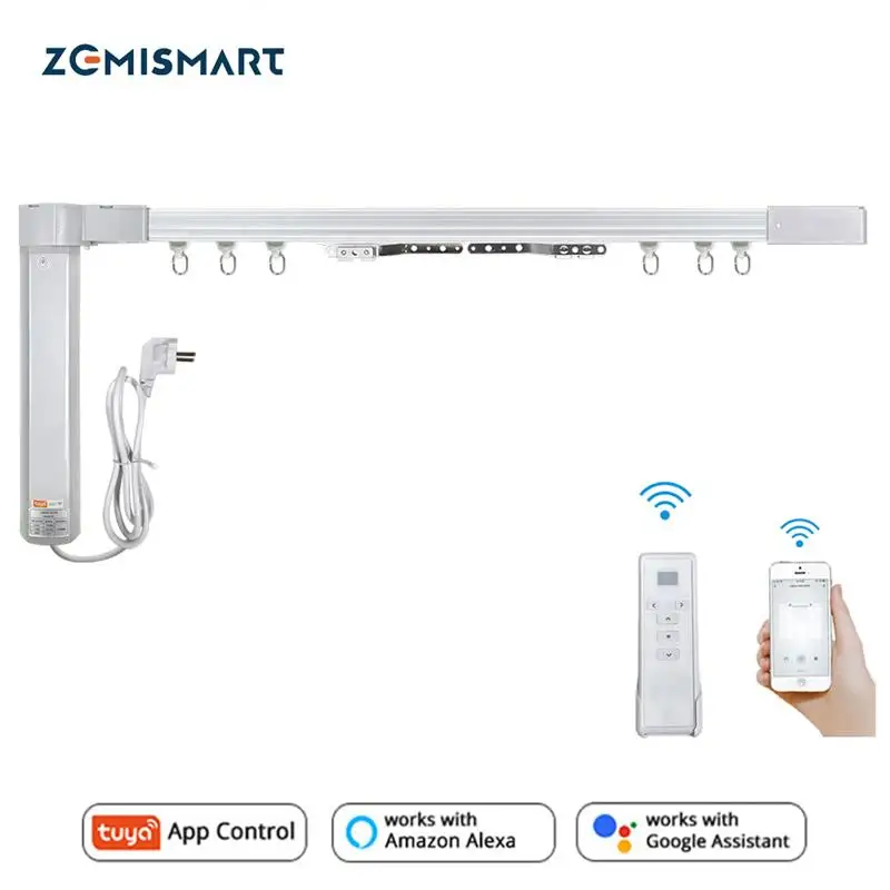 Top! Zemismart New Design WiFi Curtain Motor Tuya Smart Life Customized Electric Curtains Track with RF Remote Alexa Echo