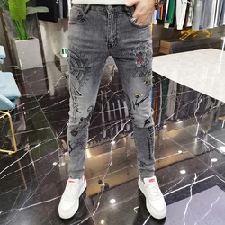 Mode Koreaanse Stijl Grijze Skinny Jeans Tijger Print Luxe Heren Streetwear Slim Jeans Herfst Vrijetijdskleding Motorfiets Heren Jeans