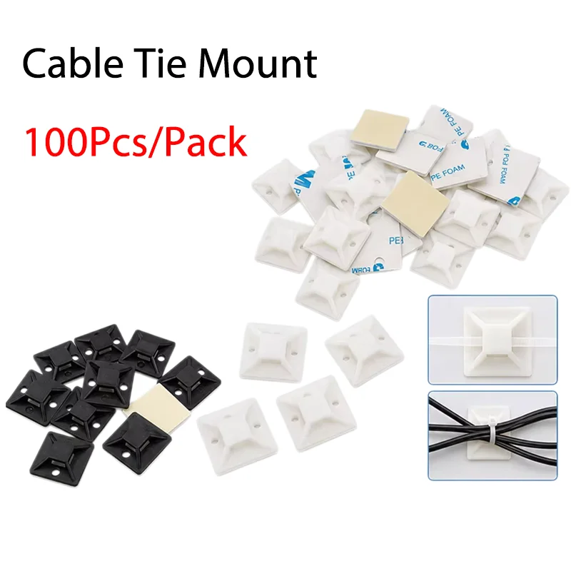 100PCS Self Adhesive Cable Tie Mounts 20x20 25x25 30x30 40x40mm Zip Tie Base Holders Black White Wire Organizer Clips for Wiring
