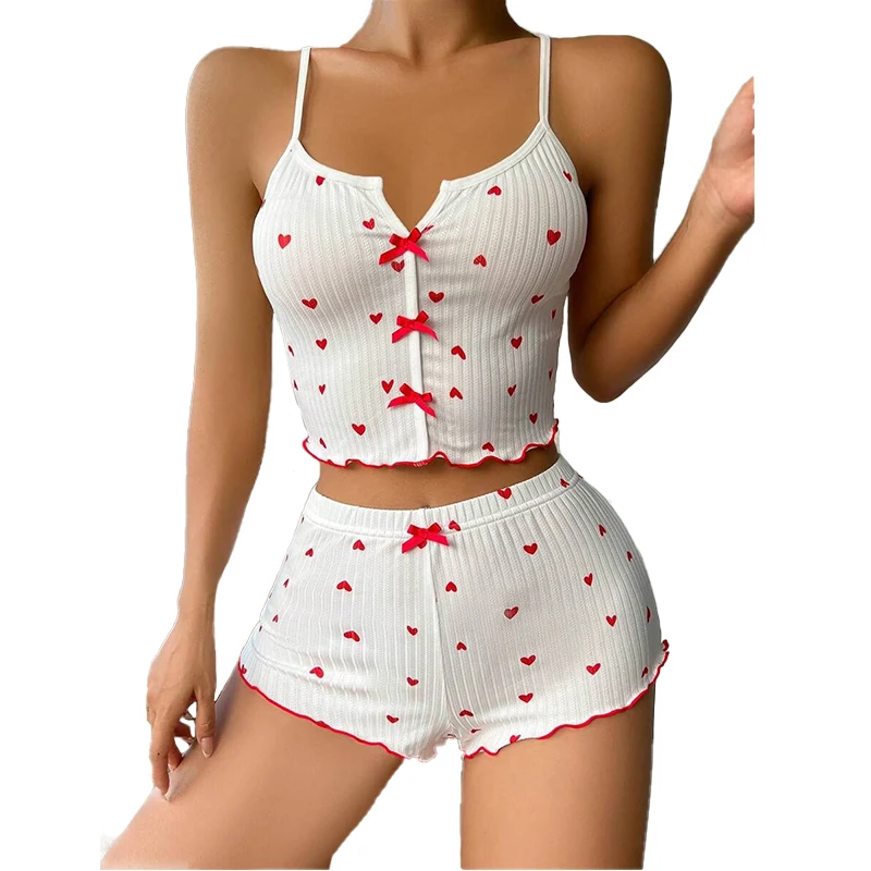 

Women's 2-Piece Pajama Set with Heart-Shaped Printed Lettuce Edging Suspender Top Bow Shorts Soft and Sexy Pajamas