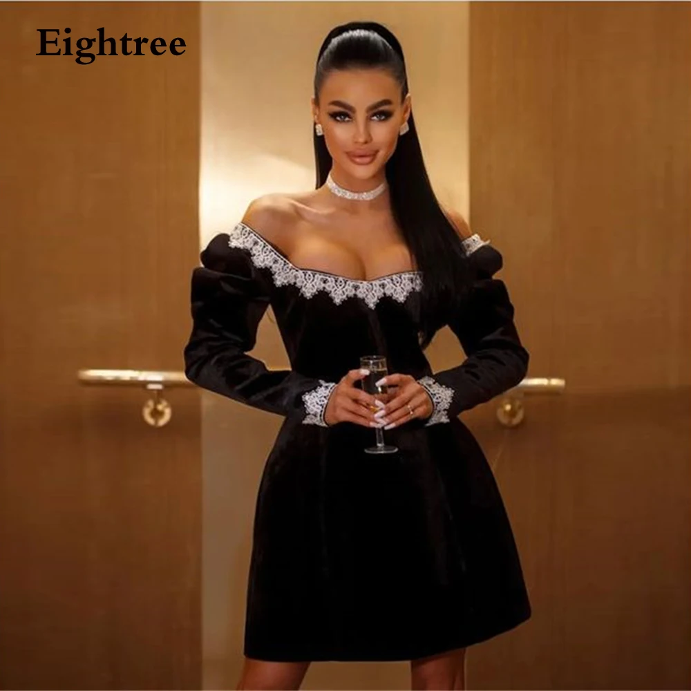 

Eightree Elegant Black Prom Dresses Long Sleeves Velour Lace Appiques Short Mini Evening Dress Robes De Soirée Party Grown 2023