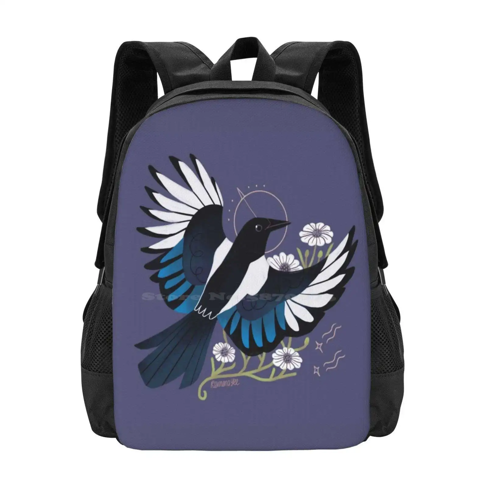 Familiar - European Magpie Hot Sale Schoolbag Backpack Fashion Bags Magpie Bird Animal Flower Magic Witchy Purple Stars