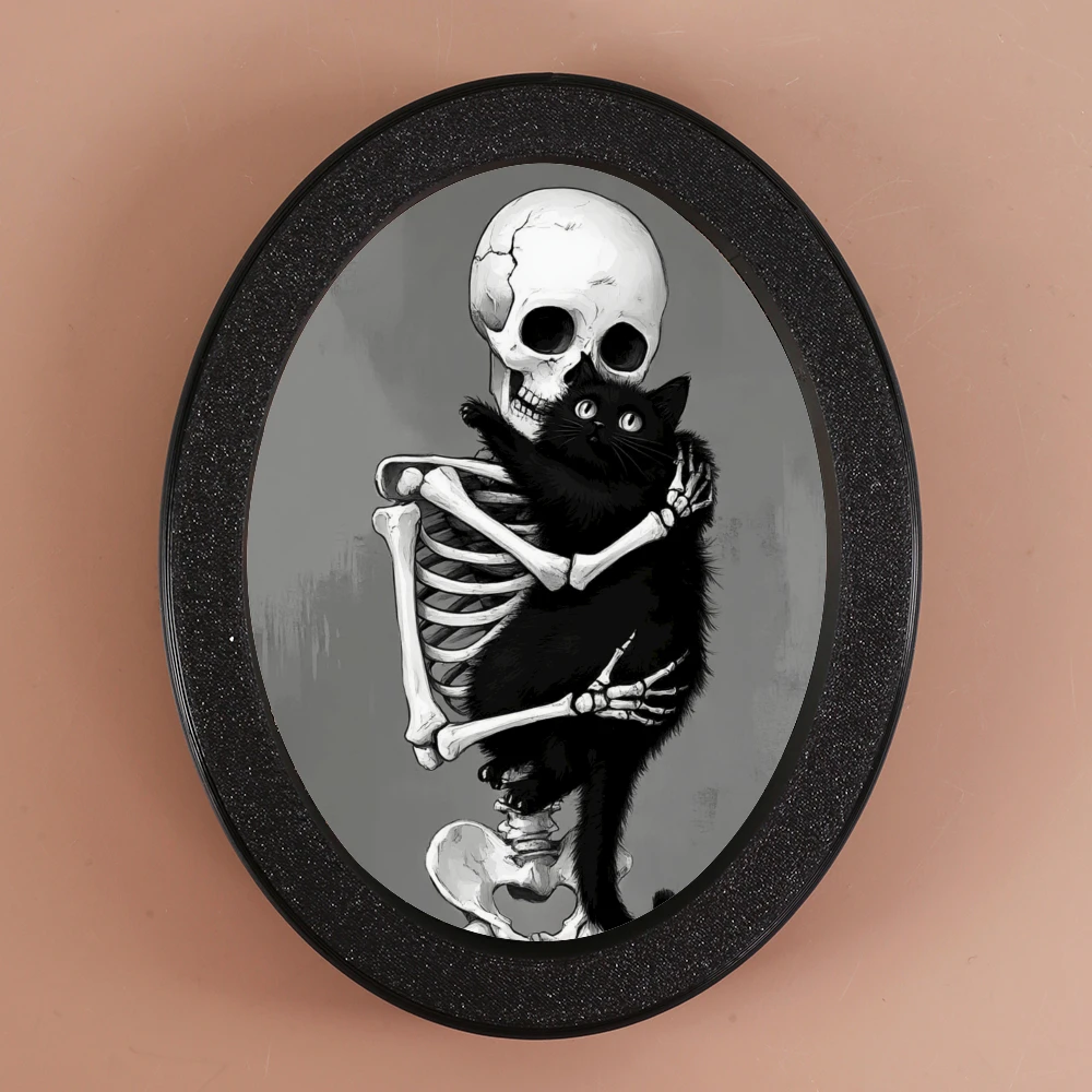 1-teiliges ovales dekoratives Ornament im dunklen Stil, mit dem Element des schwarzen Katzen mit Totenkopf-Umarmung, kontrastierende Niedlichkeit, Anzüge Gothic – st