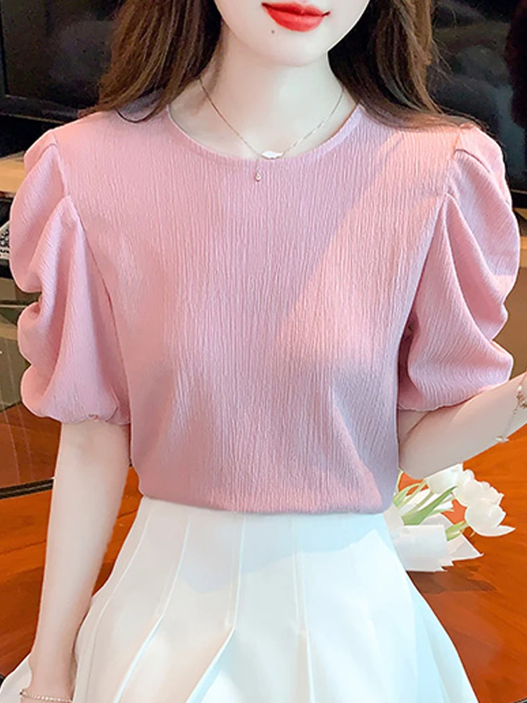 New Summer Short Sleeve Chiffon Blouse Shirt Women Tops Blusas Mujer De Moda 2024 Verano Causal O-Neck Blouse Women Blusa G692