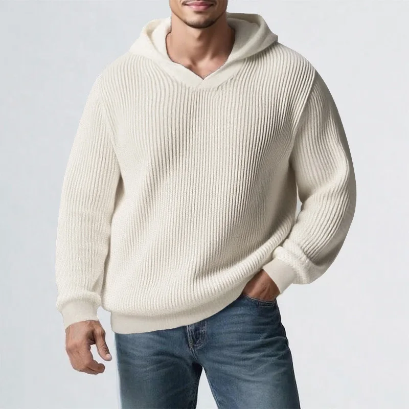 Autumn Winter Knitted Men's Hoodie Tops American Solid Color Casual Sports Pullover Hooded Sweatshirt Men Clothing