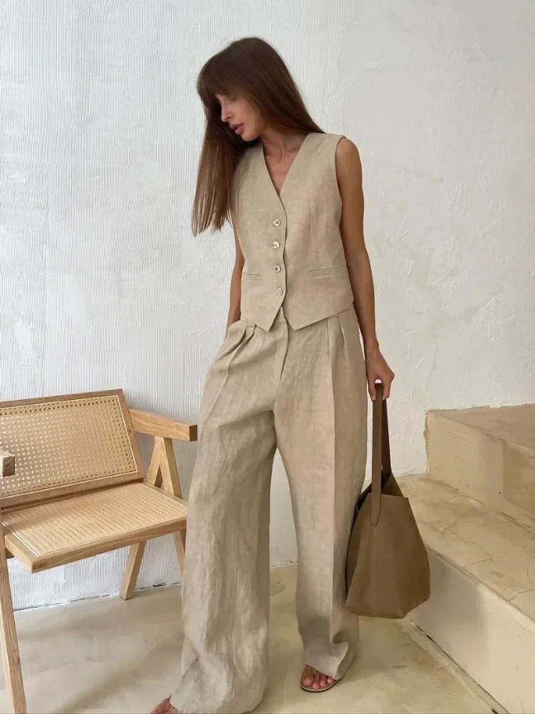 Leosoxs Womem Linen Cotton Chic Vest ＆ Pants Suit Two Piece Set Office Ladies Summer Chic 2 Piece Sets Womens Outfits 2025