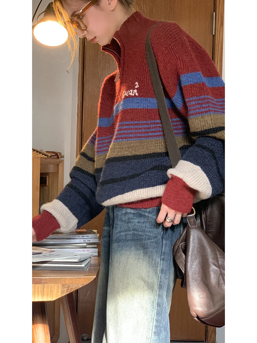 

Red Knitted Sweater Women's Autumn 2025 New Lazy Sle Soft High Collar Advanced Striped Inner Wear Comfortable Long Sve Z...