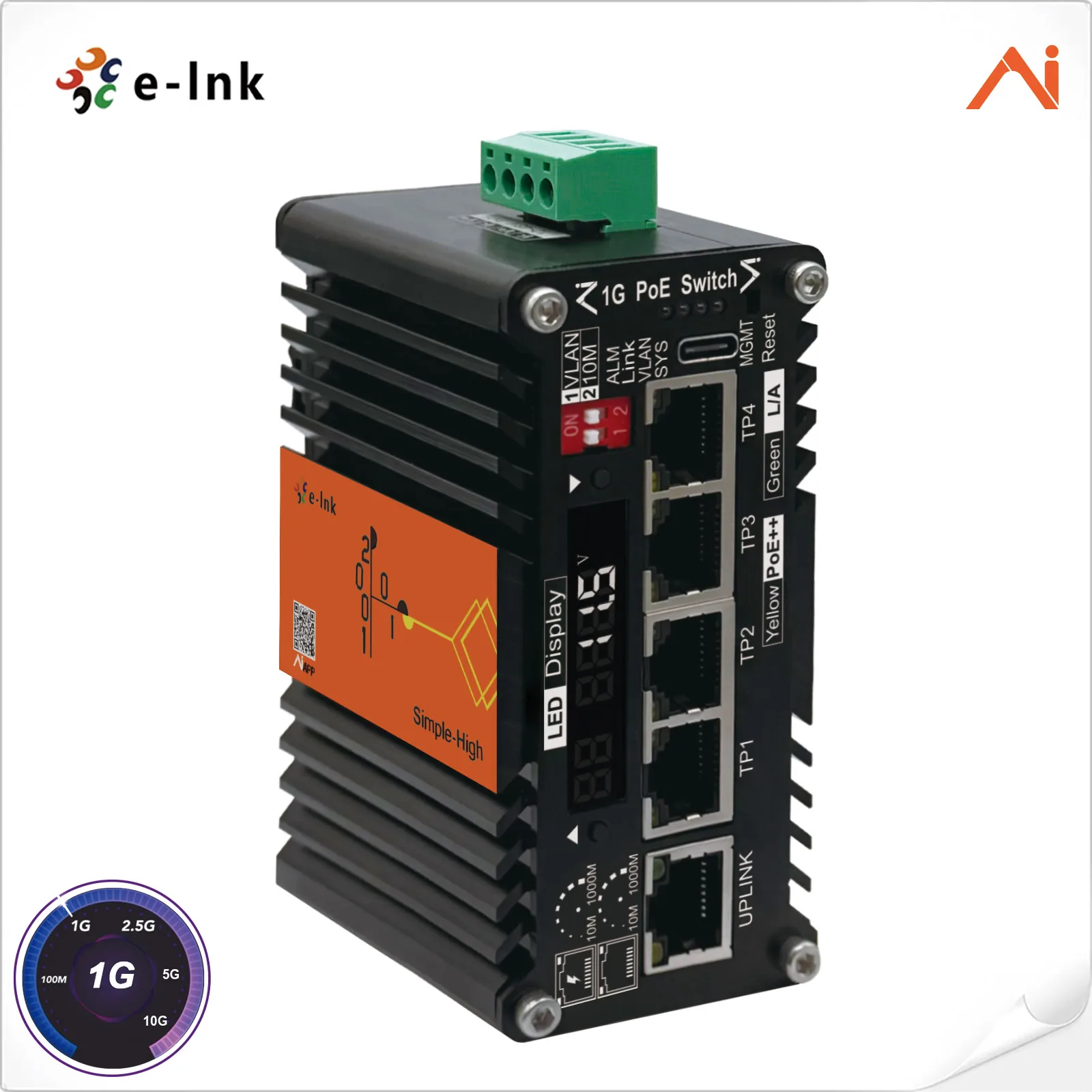 5x10/100/1000Mbps RJ45 IEEE802.3bt 30W/90W 9-54VDC DIN-Rail 9-54V IP40 Aluminum Case AI Smart Managed Industrial PoE+ Switch