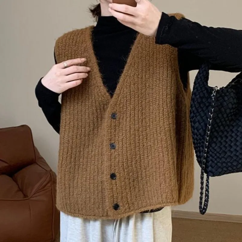 Korean Style Sweater Vest for Women Minimalist Single Breasted All-match Ins College V-neck Autumn Winter Chic Girls