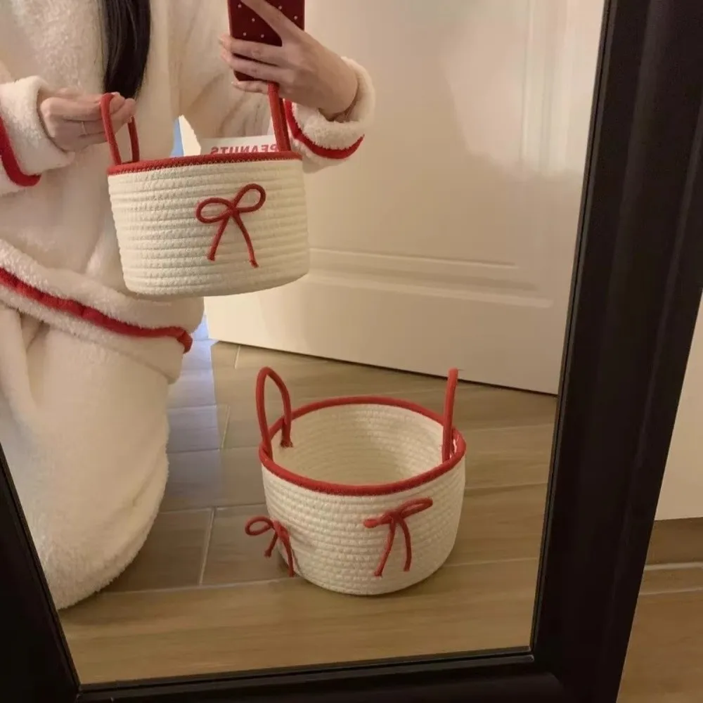 

Cute with Lid Crochet Storage Basket Bowknot Woven Cotton Dustproof Box Solid Home Organizer Bin