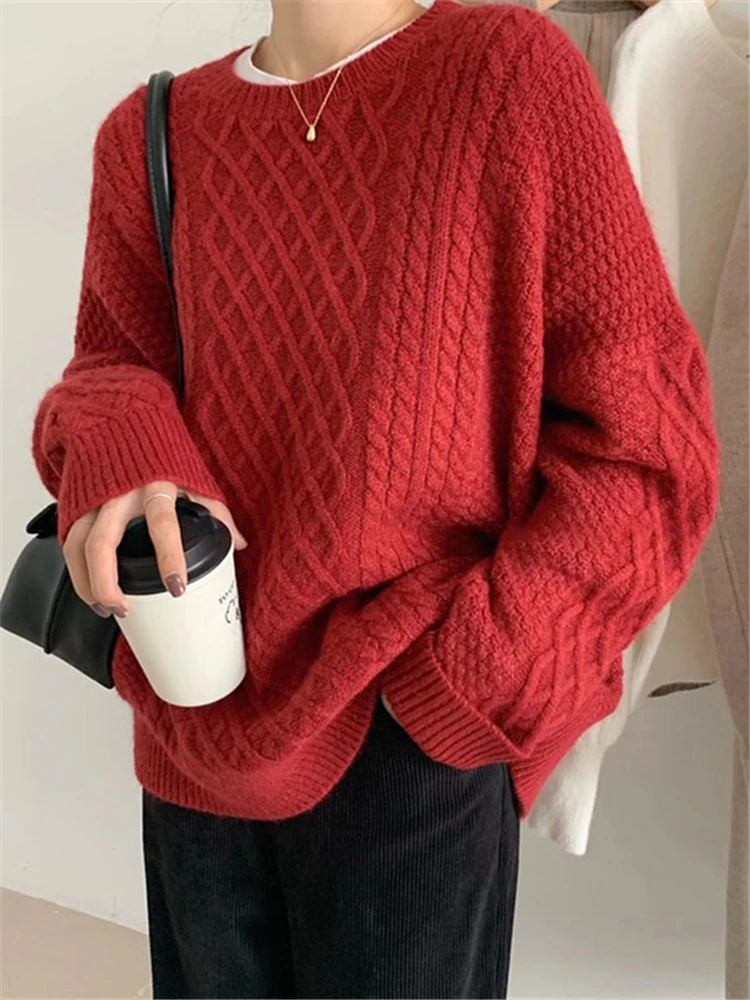 REALEFT Loose Round Neck Women's Sweater Autumn Winter 2022 New Long Sleeve Casual Pullover Elegant Knitted Sweater Female Red