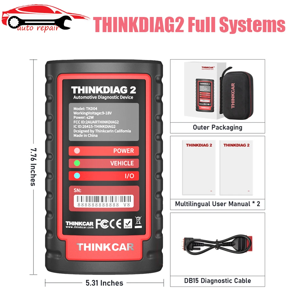 

THINKCAR ThinkDiag 2 THINKDIAG2 Support 1 Year D-Z Software Add CAN FD Protocol 16 Reset Function OBD2 Diagnostic Tool DBSCAR