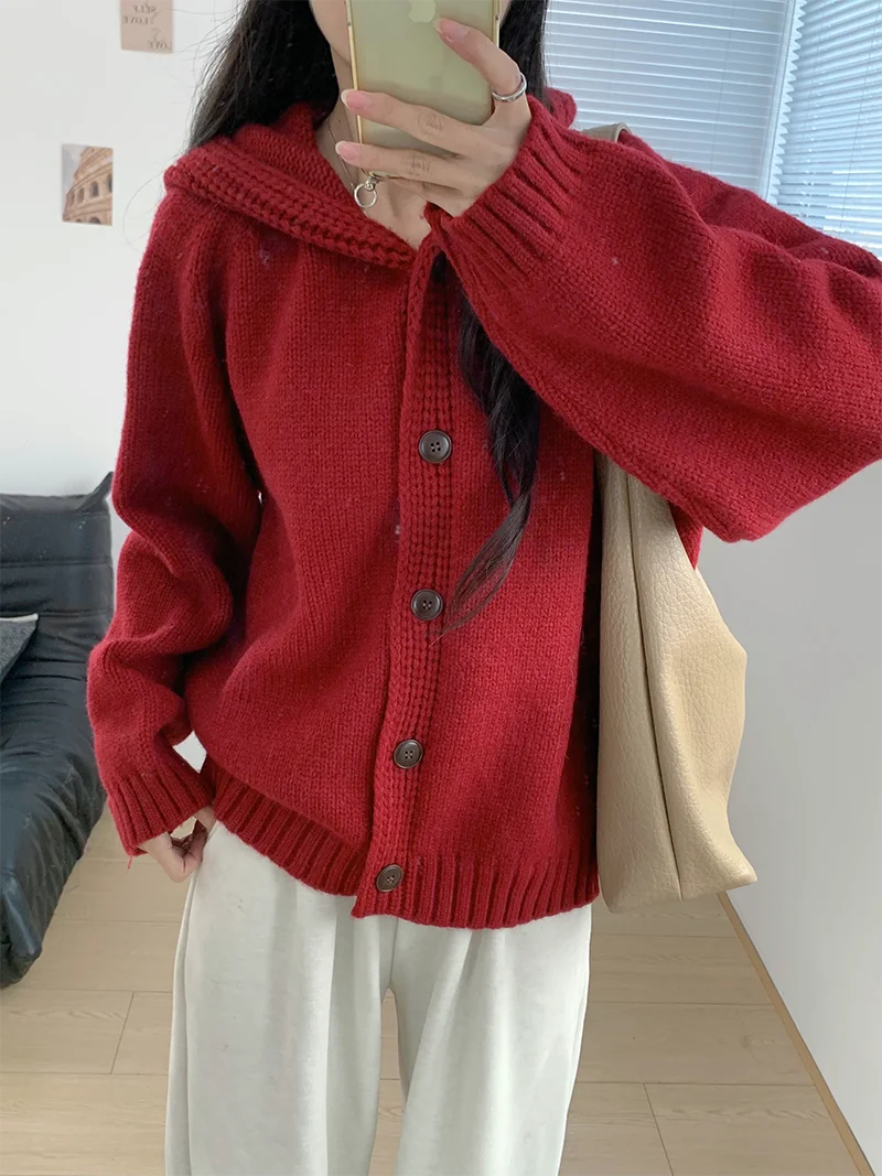 

Женский вязаный кардиган с капюшоном в корейском стиле, свободный крой, удлиненный, утепленный