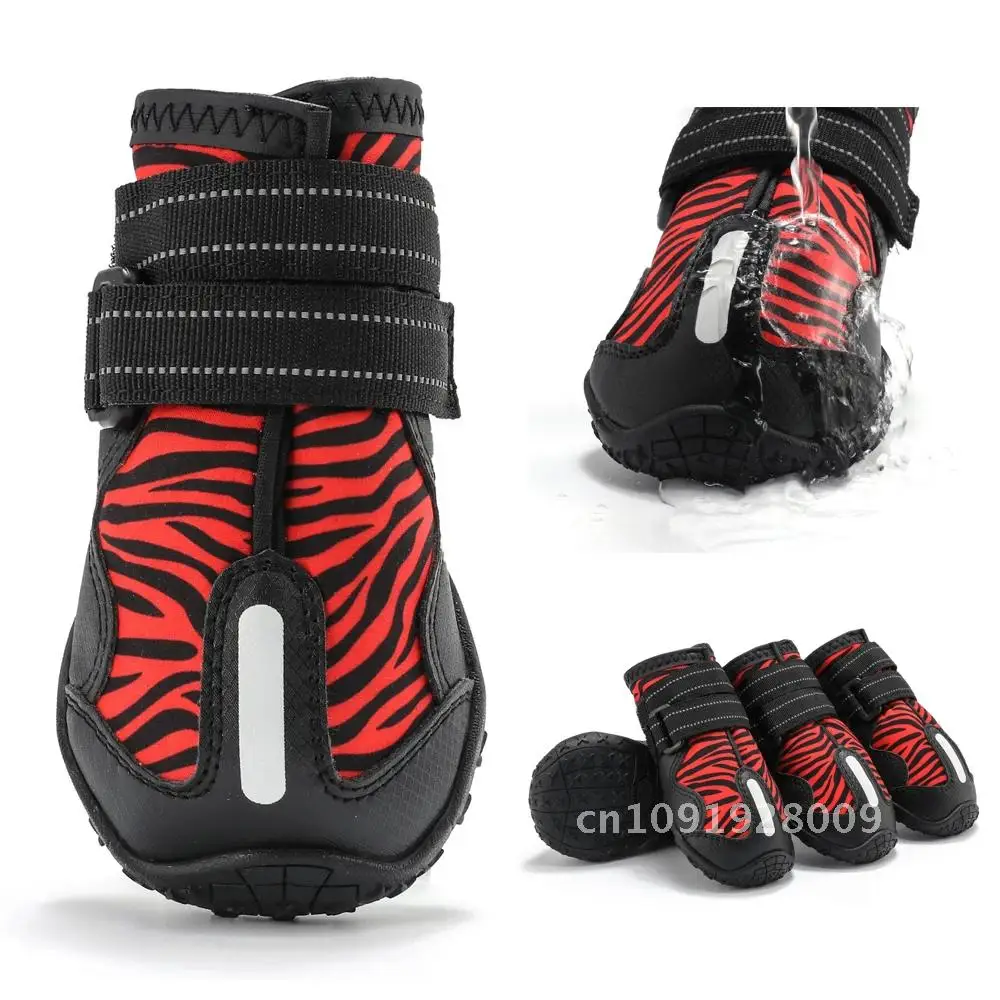 

Pet Shoes Waterproof for Large Dog Zebra Pattern Pet Rain Puppy Boots Reflective Shoes Rugged Dogs Anti-Slip Outdoor Sole Bootie