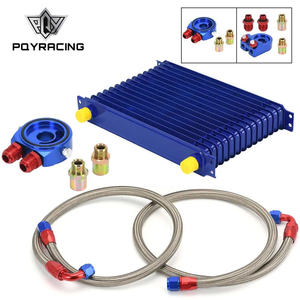 Universal 15 Rows Oil Cooler Kit + Stainless Steel Braided Oil Hose With Oil Filter Sandwich Adapter + PQY Sticker+Box