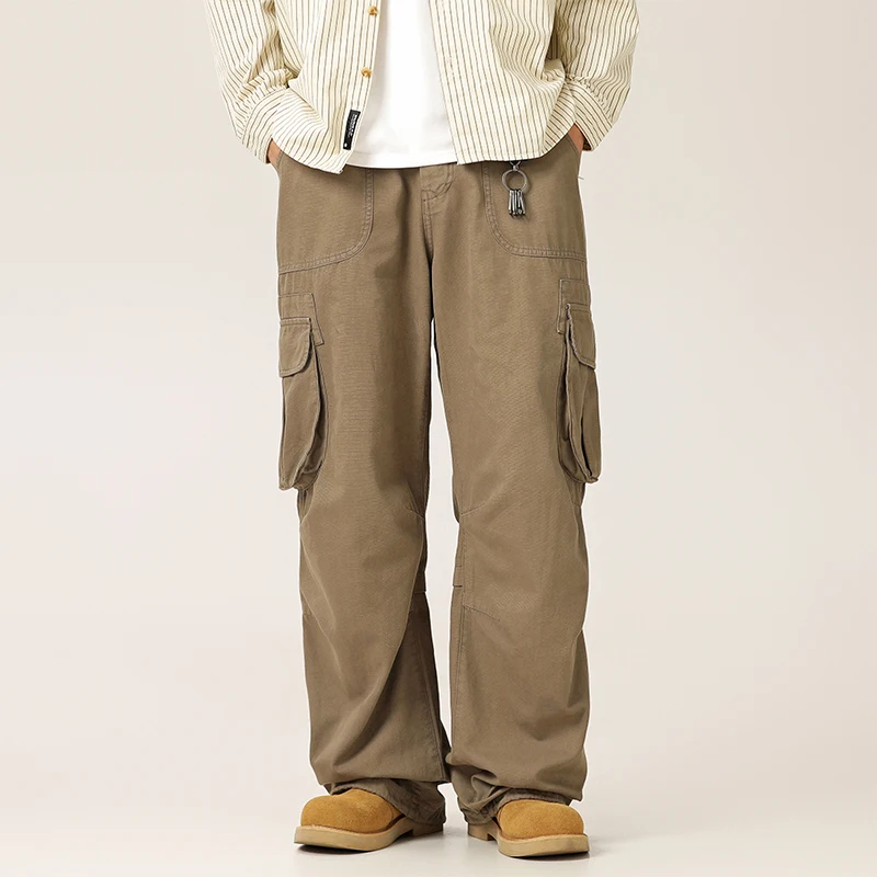 Calça cargo masculina 100% algodão, leve, ajuste relaxado, queimada e até o chão – calça masculina lavada de perna reta com cordão de torno dos tornozelos