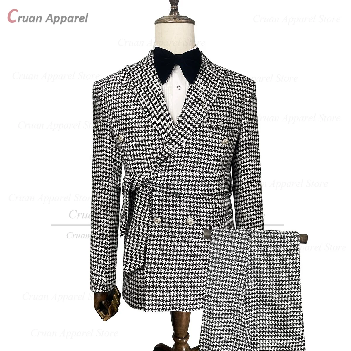 

Tweed Suits for Men 2 Pieces Slim Fit Houndstooth Print Blazer Pants Belt Set Tailor-made Fashion Mens Business Wedding Tuxedos