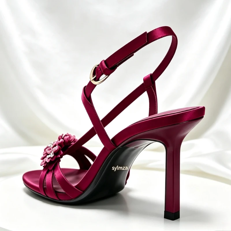 Bling Crystal Flowers Decorated Stiletto Sandals Women Elegant Burgundy Satin Slingback Heels Sexy Open-toe Buckle Designer Shoe view 5