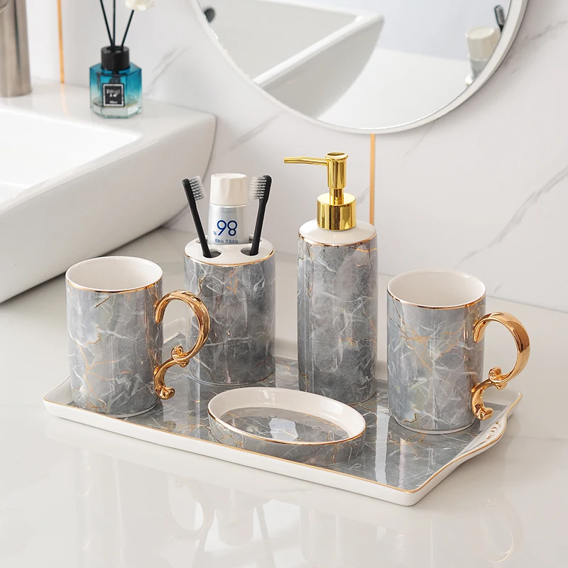 Nordic Style Bathroom 4/5/6 Piece Bathroom Ornaments Ceramic Toothbrush Holder Mouthwash Cup Soap Dispenser Accessories SetZB379