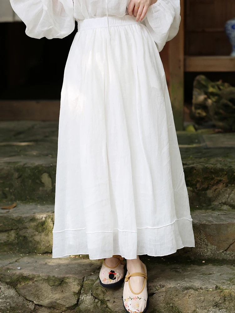 

Юбка миди А-силуэта белая, сшитая вручную, с эластичным поясом, в стиле пэчворк, 100 стежков, утягивающая, полноразмерная, дышащая, из льна