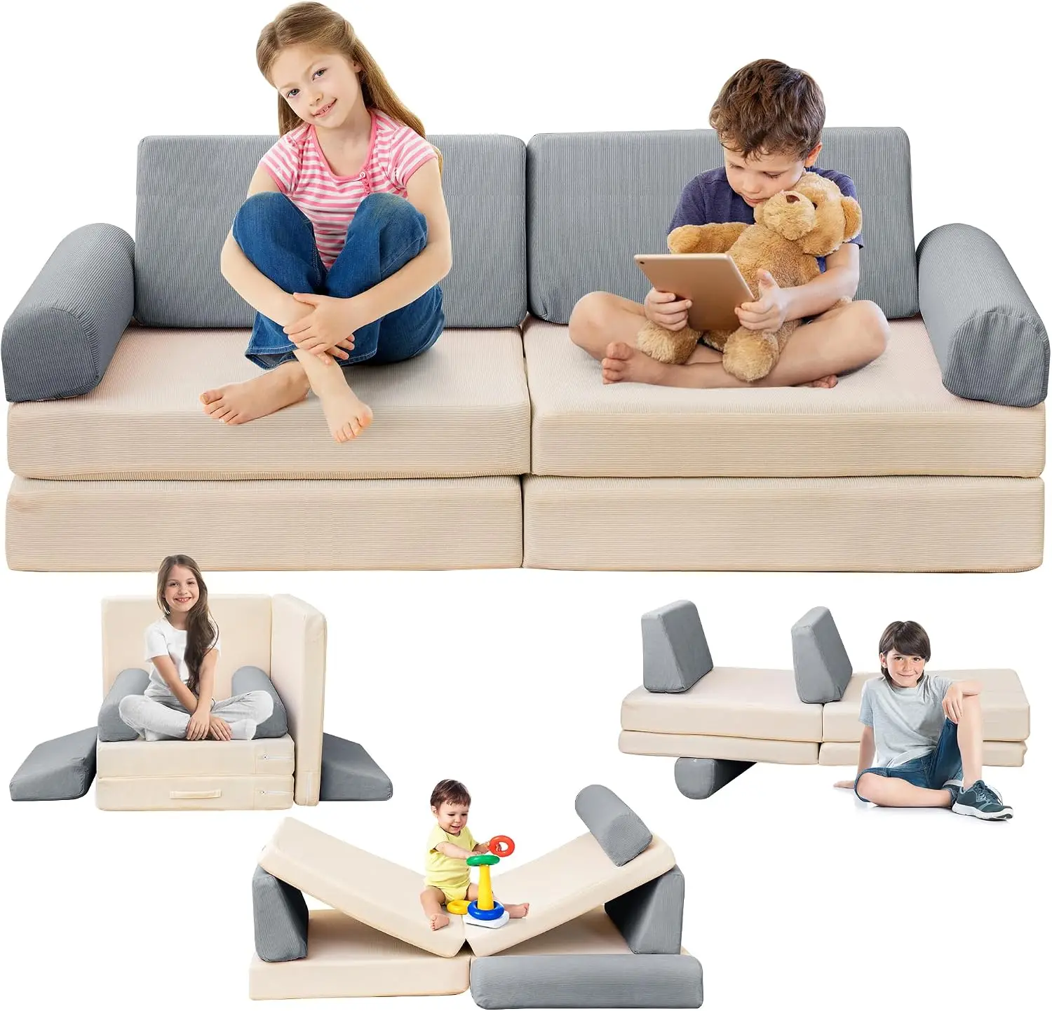 Modular Kids Play Couch, 5 Second Quick Bounce High Density Foam, Corduroy Fabric Toddler Sofa, Creative Play Sofa for Playroom, Bedroom, Living Room