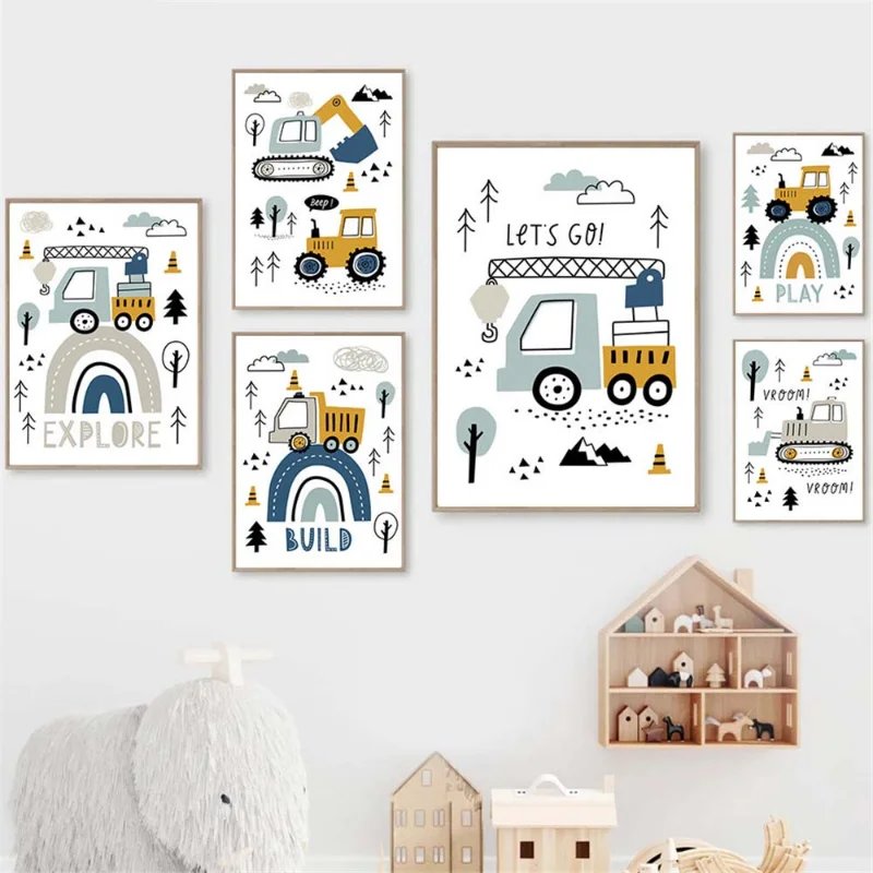 

Cartoon Crane Excavator Tractor Truck Poster Wall Art Canvas Painting Nursery Child Boys Pictures Nordic Wall Print Room Decor