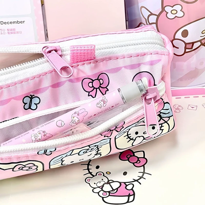 Sanrio-Bolsa de lápices de Hello Kitty para niñas, estuche de gran capacidad para bolígrafos, bolsa de cosméticos Rosa Kt Cat, suministros para estudiantes, regalos de papelería, nuevo