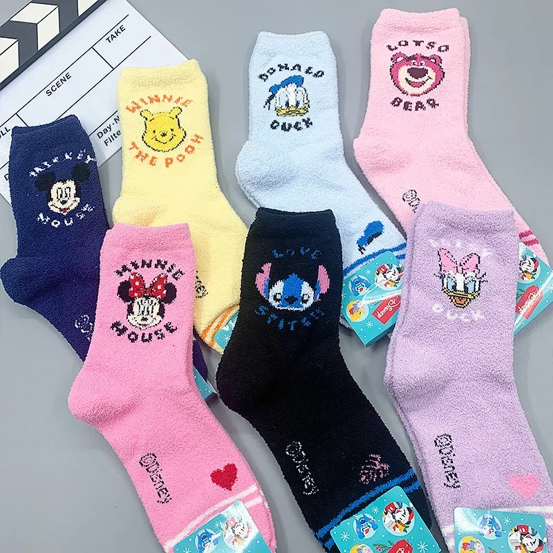 1 Pair Cartoon Mickey Minnie Winter Cute Coral Fleece Women Socks Thick Warm Cartoon Long SocksSleep Socks for Home Postpartum