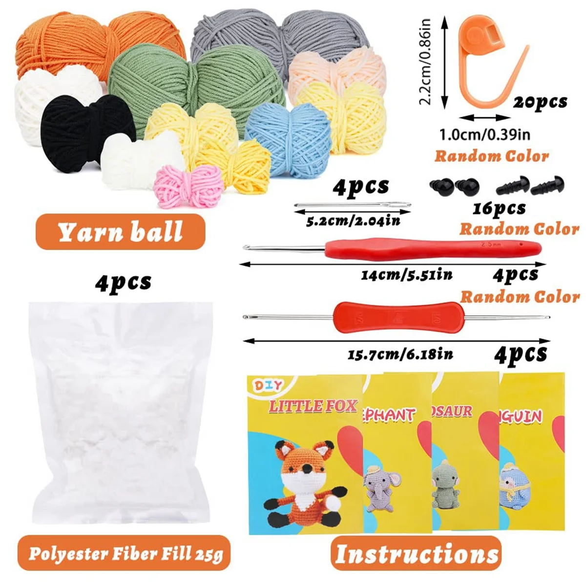 4 Set Animals Crochet Kit Including Crochet Hook, Yarn Balls, Needles, Instructions, Tools Kit Cute Pattern Crochet Kits