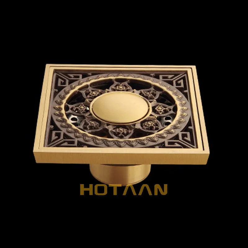 . High Quality Antique Brass Carved Flower Art Bathroom Accessory Floor Drain Waste Grate100mm*100mm YT-2101