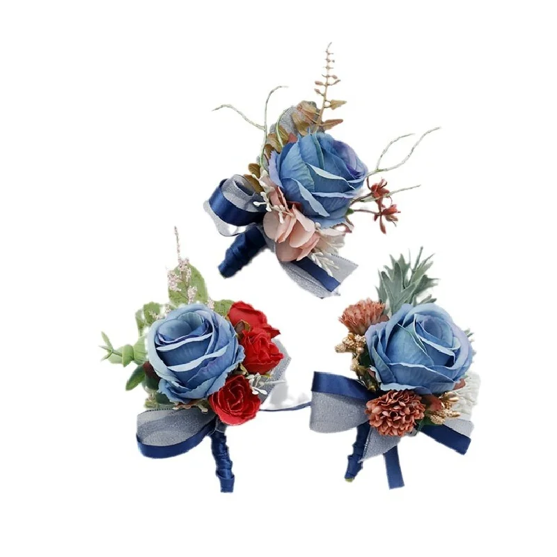 Boutonniere y ramillete de muñeca, suministros de boda, banquete, invitados, flores simuladas, novia y novio, azul, 527