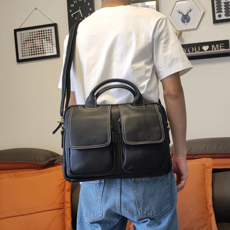 PNDME カジュアル ハンドメイド ソフト 本革 メンズ ブリーフケース 旅行 通勤 高級 牛革 ハンドバッグ ブラック メッセンジャーバッグ