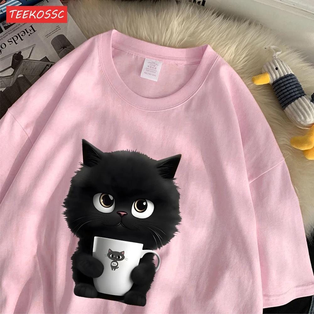 Summer Cotton Women\'S T-Shirts A Kitten Holding Cup Printing Streetwear Breathable O-Neck Loose Casual Street Female Clothes