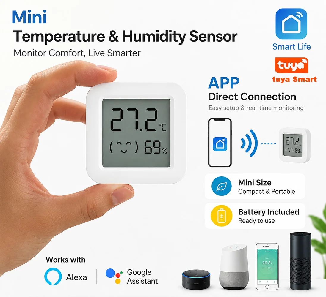 Tuya Smart Temperature Humidity Sensor Mini LCD Display Thermometer Hygrometer APP Monitoring Wireless Connection
