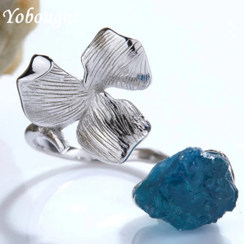 Authentic S925 Pure Silver Sea Natural Raw Stone Petal Opening Women'S Ring With Light Luxury And High Quality Jewelry