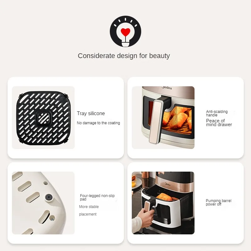 Midea Air Fryer Household 6.3L Visible No Turning LCD Touch Intelligent Multi-function Electric Fryer Smart 220V