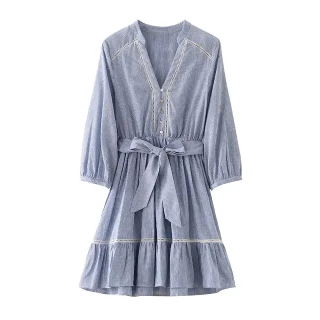 BabYoung Summer Women Fashion Elegant Lace Trimmed Striped V-Neck Knee Waist With Bow Belt Vestidos Long Sleeve Mini Dress